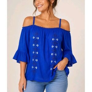 Hazel Blue Embroidered Peasant Blouse Off Shoulder Boho Top Medium M